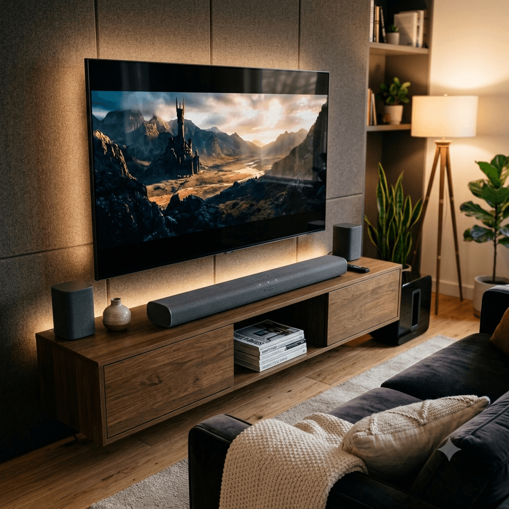 A stylized soundbar setup that feels cinematic and modern